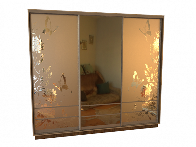 Шкаф купе трехдверный пескоструйный рисунок фон матовый рисунок зеркало в гостиную