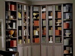 Шкаф книжный угловой, фасад капучино мдф классика, под книги со стеклом в библиотеку