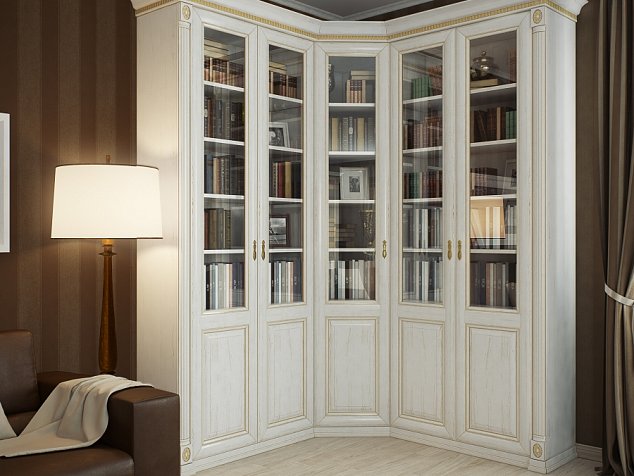 Шкаф книжный угловой, фасад белый мдф классика, под книги со стеклом в библиотеку