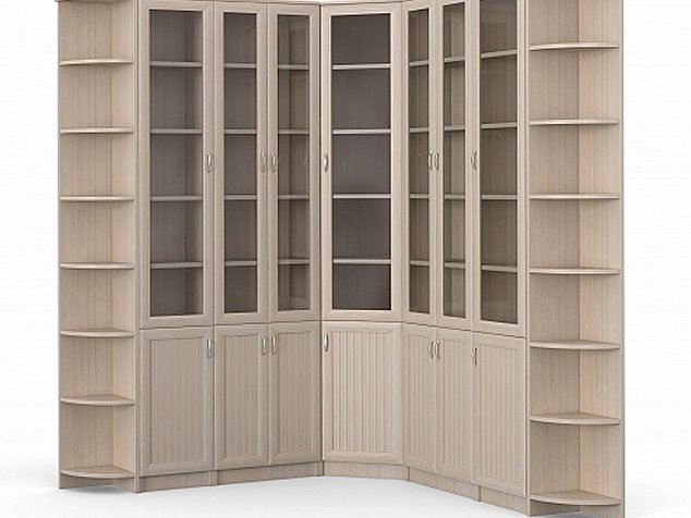 Шкаф книжный угловой, фасад бежевый мдф классика, под книги со стеклом в библиотеку