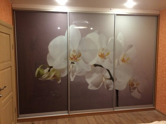 Шкаф купе трехдверный с фотопечатью "Цветы орхидея" в гостиную